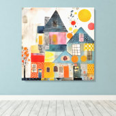 Huis gemaakt van een collage van stukken en textur canvas afdruk (Insitu (Houten vloer))