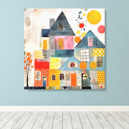 Huis gemaakt van een collage van stukken en textur canvas afdruk (Insitu (Houten vloer))