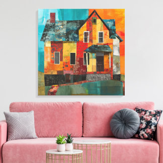 Huis gemaakt van een collage van stukken en textur canvas afdruk