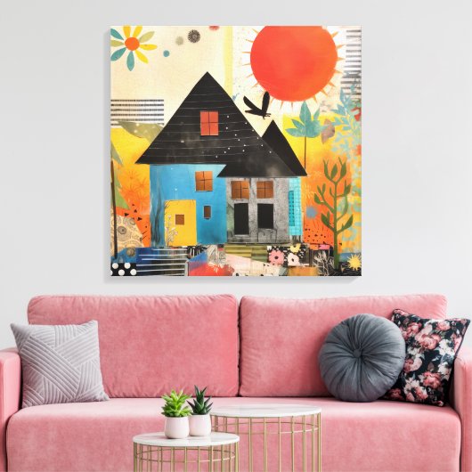 Huis gemaakt van een collage van stukken en textur canvas afdruk (Insitu (Woonkamer))