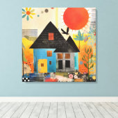 Huis gemaakt van een collage van stukken en textur canvas afdruk (Insitu (Houten vloer))