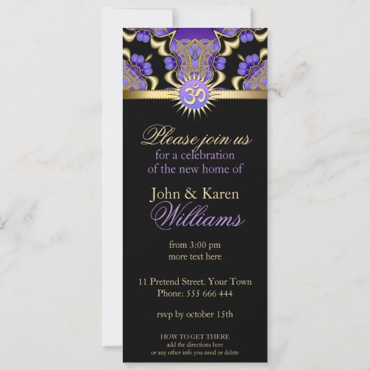 Huis het verwarmen OM Paarse Gouden Feestuitnodigi Kaart (Achterkant)