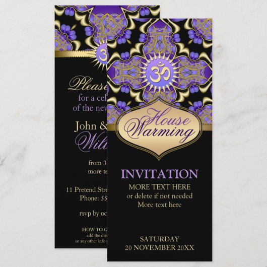 Huis het verwarmen OM Paarse Gouden Feestuitnodigi Kaart (Voorkant / Achterkant)
