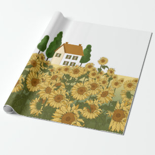 Huis, hoge bomen en een zonnebloem in het veld cadeaupapier