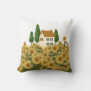 Huis, hoge bomen en een zonnebloem in het veld kussen