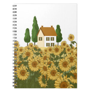 Huis, hoge bomen en een zonnebloem in het veld notitieboek