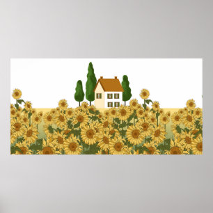 Huis, hoge bomen en een zonnebloem in het veld poster