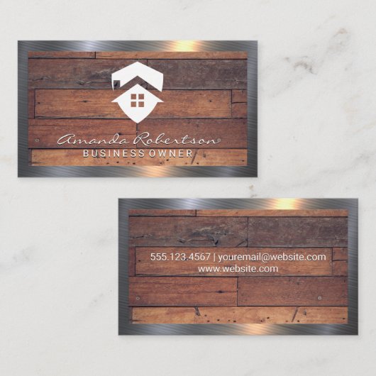 Huis Icoon | Houten Planken | Metalen Rand Visitekaartje (Voorkant / Achterkant)