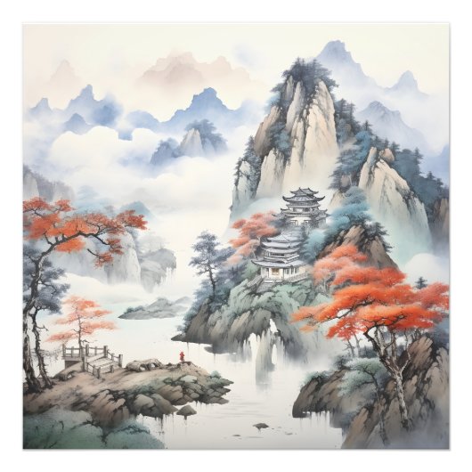 Huis in bergen Chinese kunst Foto Afdruk (Voorkant)