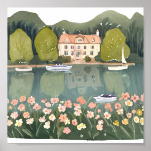 Huis in de bergen bij het meer poster