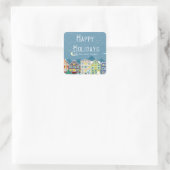 Huis In Sneeuw Prettige Feestdagen Monogram Vierkante Sticker (Tas)