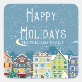 Huis In Sneeuw Prettige Feestdagen Monogram Vierkante Sticker (Voorkant)