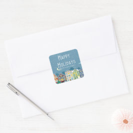 Huis In Sneeuw Prettige Feestdagen Monogram Vierkante Sticker