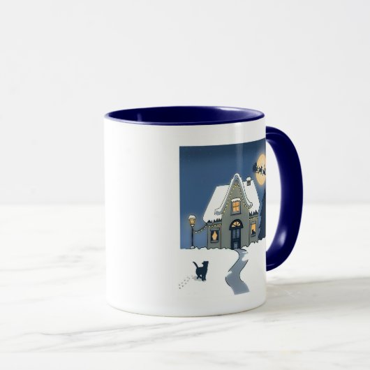 Huis in Snowy Night met Kat en Kerstman Mok (Voorkant rechts)