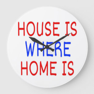 HUIS IS WAAR THUIS IS RODE & BLAUWE LETTERS WITTE GROTE KLOK