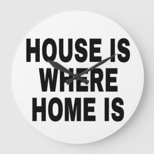 HUIS IS WAAR THUIS IS ZWARTE LETTERS WITTE ACHTERG GROTE KLOK
