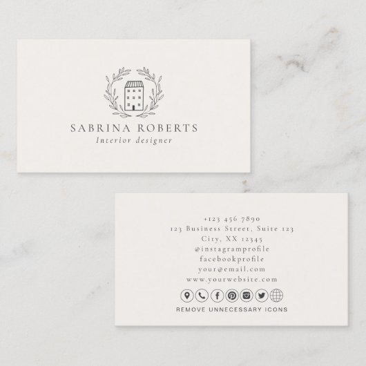 Huis logo, interieurontwerper, melkwit visitekaartje (Voorkant / Achterkant)