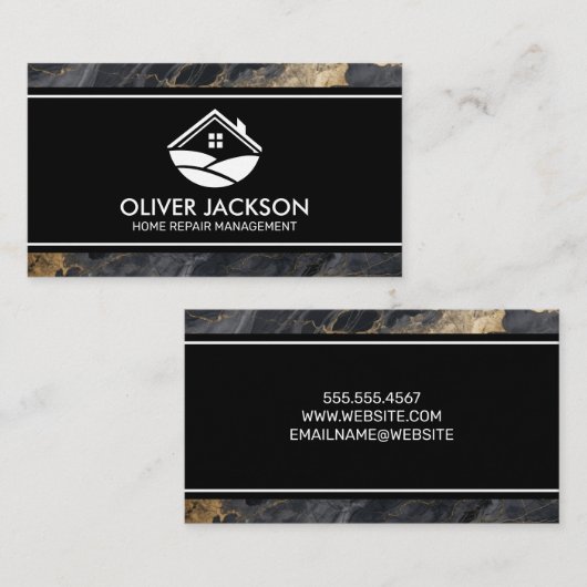 Huis Logo | Marmer Donkergrijs Goud Visitekaartje (Voorkant / Achterkant)