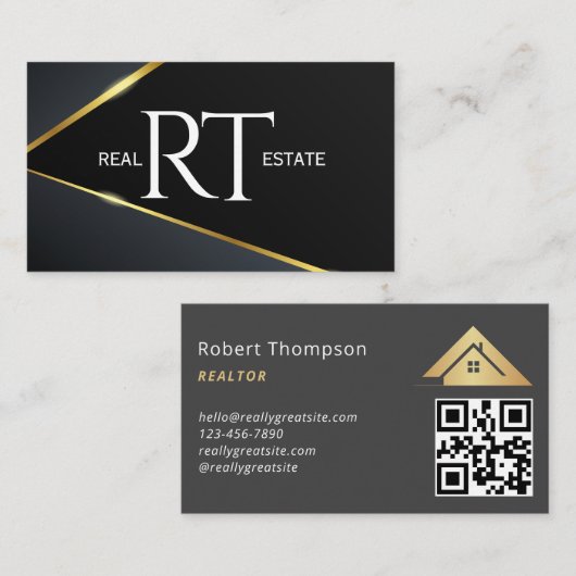 Huis Logo Vastgoed Navy & Gold Realtor QR Code Visitekaartje (Voorkant / Achterkant)