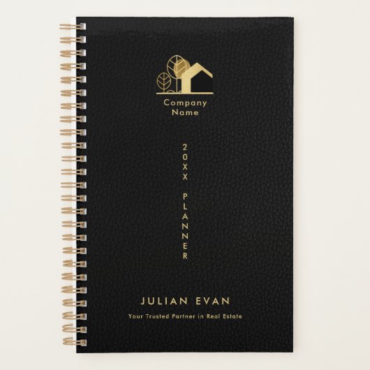 Huis Logo Zwart en Goud Niet gedateerd Faux Leathe Planner (Voorkant)