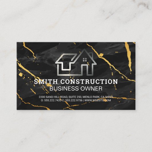 Huis Logo | Zwart marmer gouden achtergrond Visitekaartje (Voorkant)