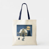 Huis met kat op een besneeuwde kerstnacht tote bag (Achterkant)