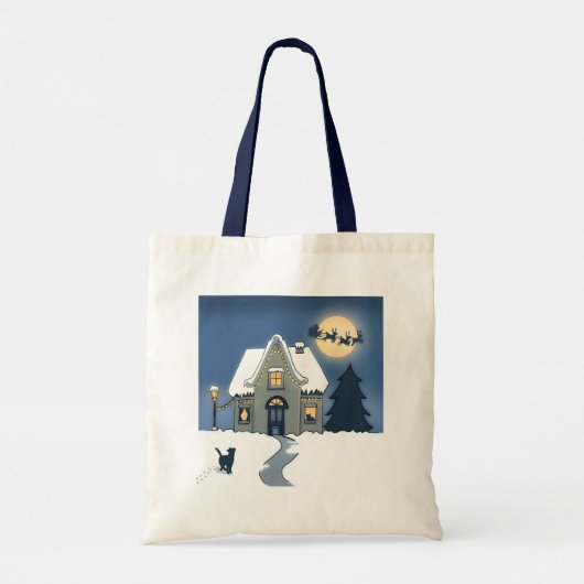 Huis met kat op een besneeuwde kerstnacht tote bag (Achterkant)