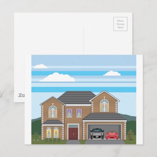 Huis met open garage. 2 auto's briefkaart (Voorkant / Achterkant)