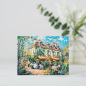 Huis met tuintafels en mensen feestdagenkaart (Staand voorkant)