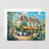 Huis met tuintafels en mensen feestdagenkaart (Voorkant / Achterkant)