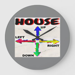 HUIS OMHOOG, RECHTS, OMLOWG, LINKS ZWARTE LETTERS GROTE KLOK