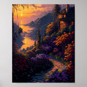 Huis omringd door bloemen en bergen poster