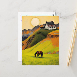 Huis op de heuvel en paard in de wei briefkaart