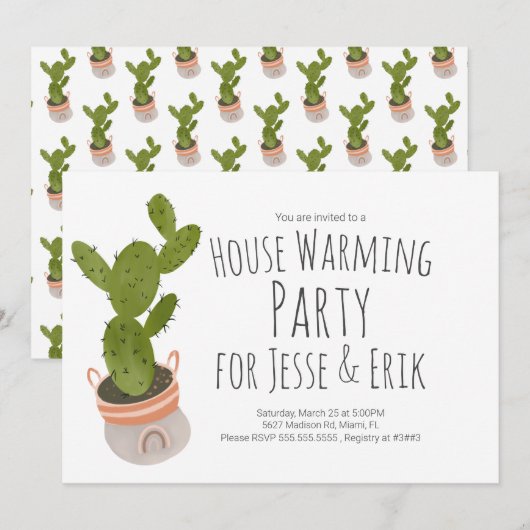 Huis Opwarmend Feest Cactus Plant Pot Hand Geteken Kaart (Voorkant / Achterkant)