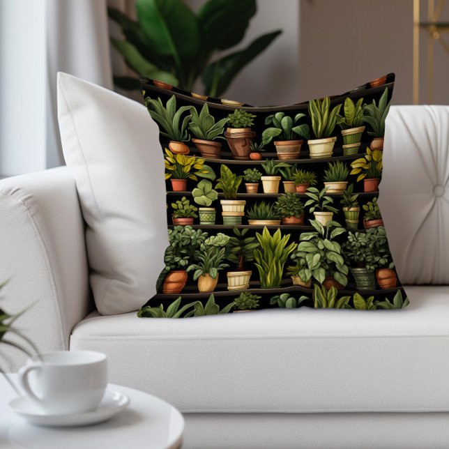 Huis Planten Tuinieren Zwart Groen Bruin Kussen (Potted succulents on black decorator pillow)