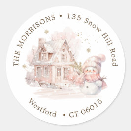 Huis Roze Sneeuwman Kerstmis retour adres label