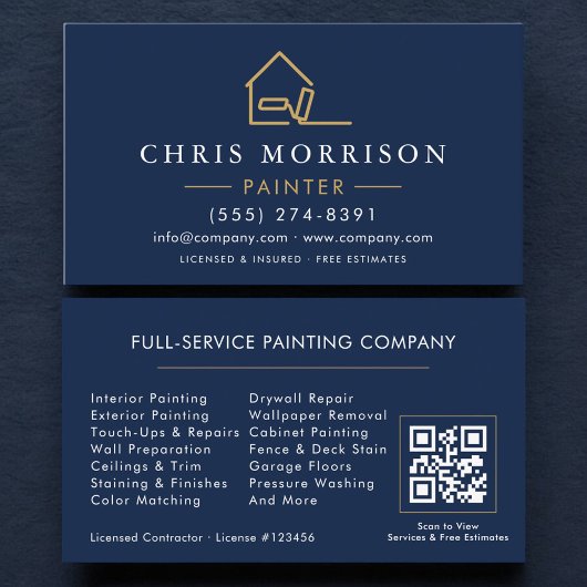 Huis Schilder Navy Blauw Goud QR Code Visitekaartje