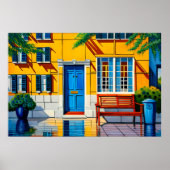 Huis schilderen uitzicht blauw deurdecoratieve pot poster (Voorkant)