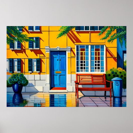 Huis schilderen uitzicht blauw deurdecoratieve pot poster (Voorkant)