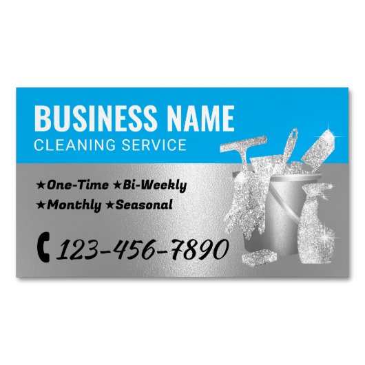 Huis Schoonmaak Blauw & Zilver Huishouding Magnetisch Visitekaartje (Voorkant)