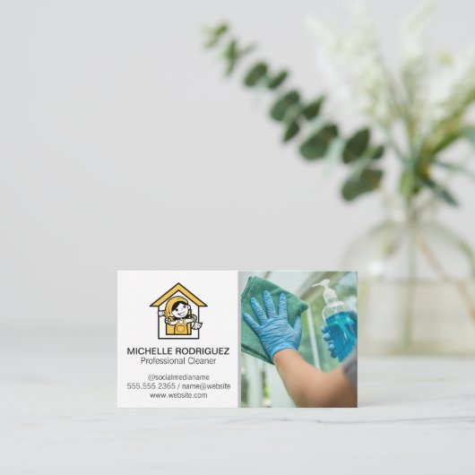 Huis Schoonmaak Logo | Ramenwasser Persoon Visitekaartje (Staand voorkant)