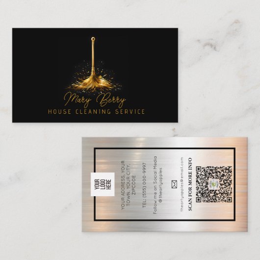 Huis Schoonmaak Maid Service Gold Mop Logo Visitekaartje (Voorkant / Achterkant)