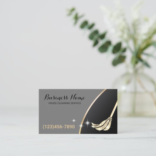 Huis Schoonmaak Maid Service Gouden Glitter Mop Visitekaartje (Staand voorkant)