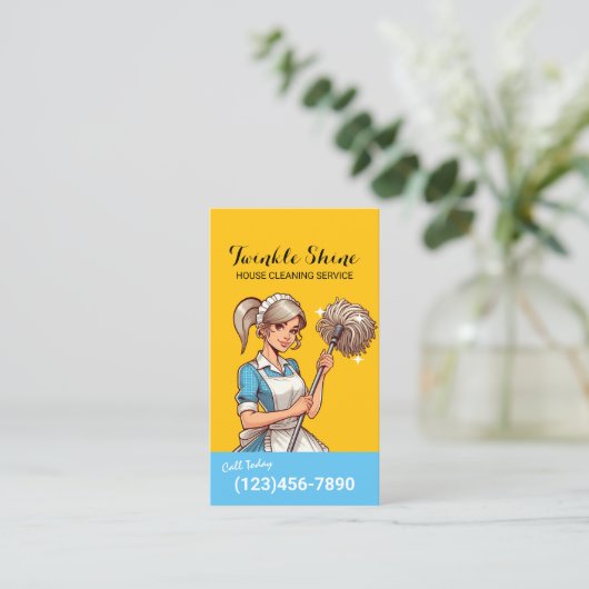 Huis Schoonmaak Retro Blauw & Goud Maid Service Visitekaartje (Staand voorkant)
