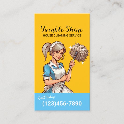 Huis Schoonmaak Retro Blauw & Goud Maid Service Visitekaartje (Voorkant)