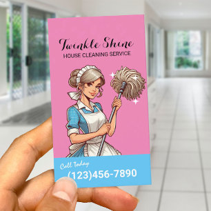 Huis Schoonmaak Retro Blauw & Roze Maid Service Visitekaartje