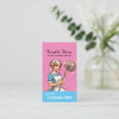 Huis Schoonmaak Retro Blauw & Roze Maid Service Visitekaartje (Staand voorkant)
