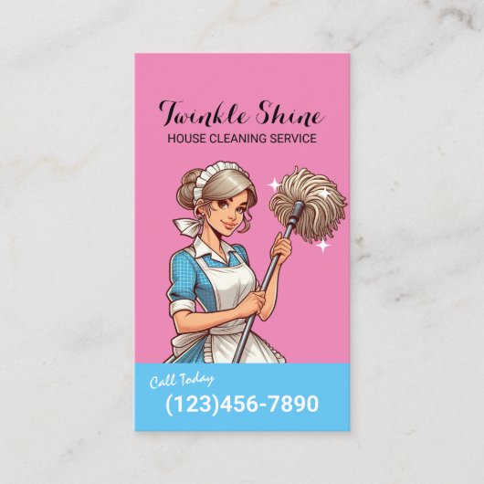 Huis Schoonmaak Retro Blauw & Roze Maid Service Visitekaartje (Voorkant)