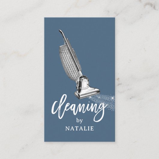 Huis Schoonmaak Retro Stofzuiger Dusty Blue Visitekaartje (Voorkant)