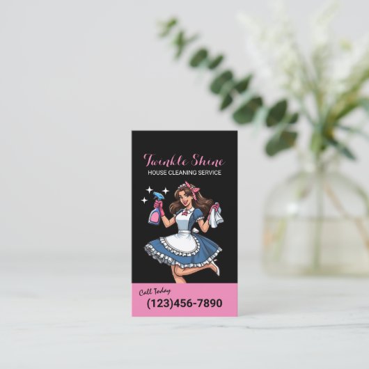Huis Schoonmaak Retro Zwart & Roze Maid Service Visitekaartje (Staand voorkant)